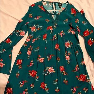 Art Class Teal Dress with Red Floral Design